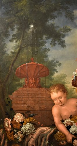 Still Life of Flowers with Putto and Fontain